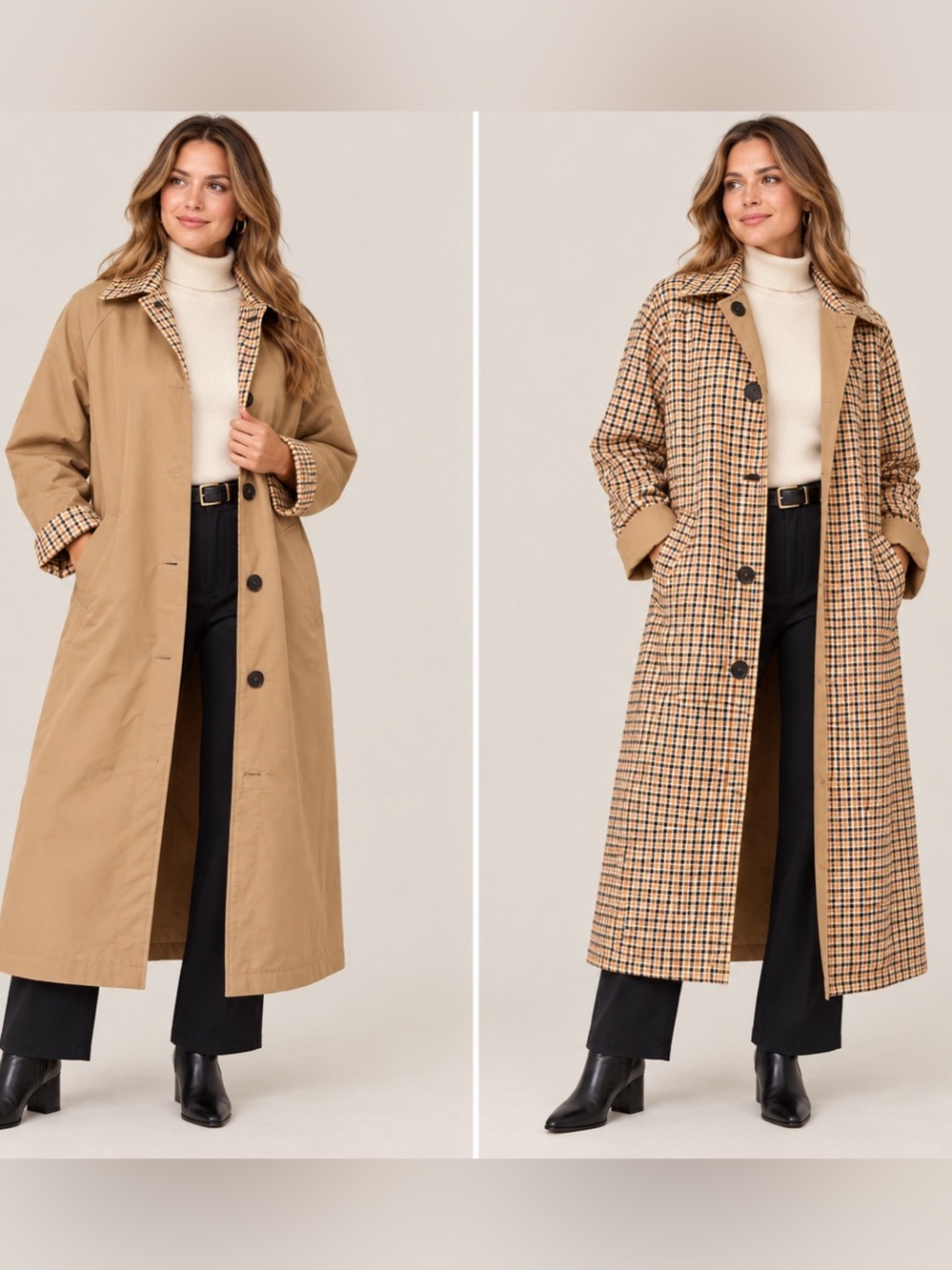 Zara Reversible Long Trench Coat Camel Plaid Check Size S